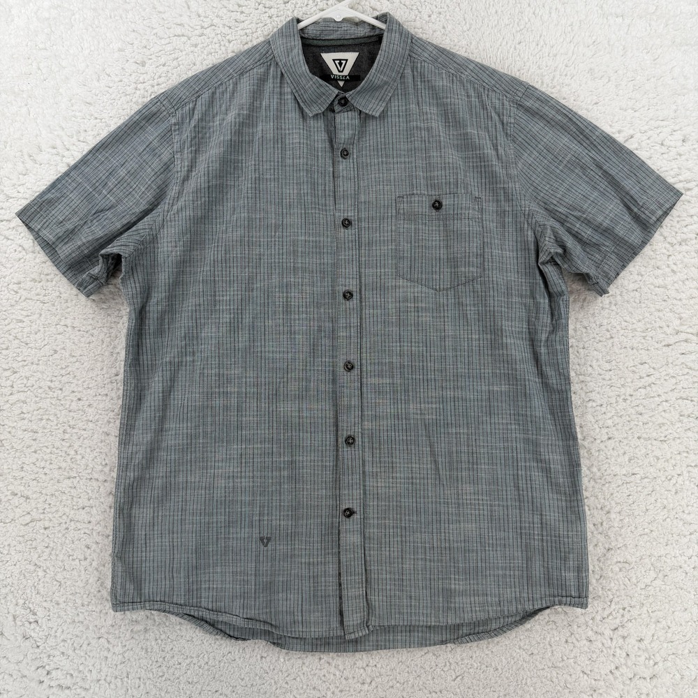 Vissla Shirt Mens XL Gray Striped Short Sleeve Button Up Casual Woven Surf